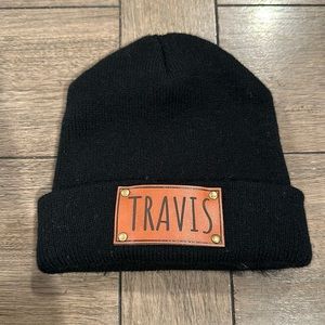 Personalized snow hat- black with vegan leather name - TRAVIS in Carmel
